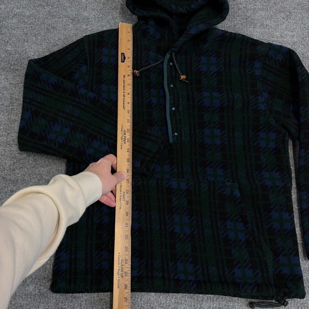 Vintage LL Bean Jacket Womens Large 1/4 Snap Hooded Fleece Pullover Green Plaid - Picture 7 of 11